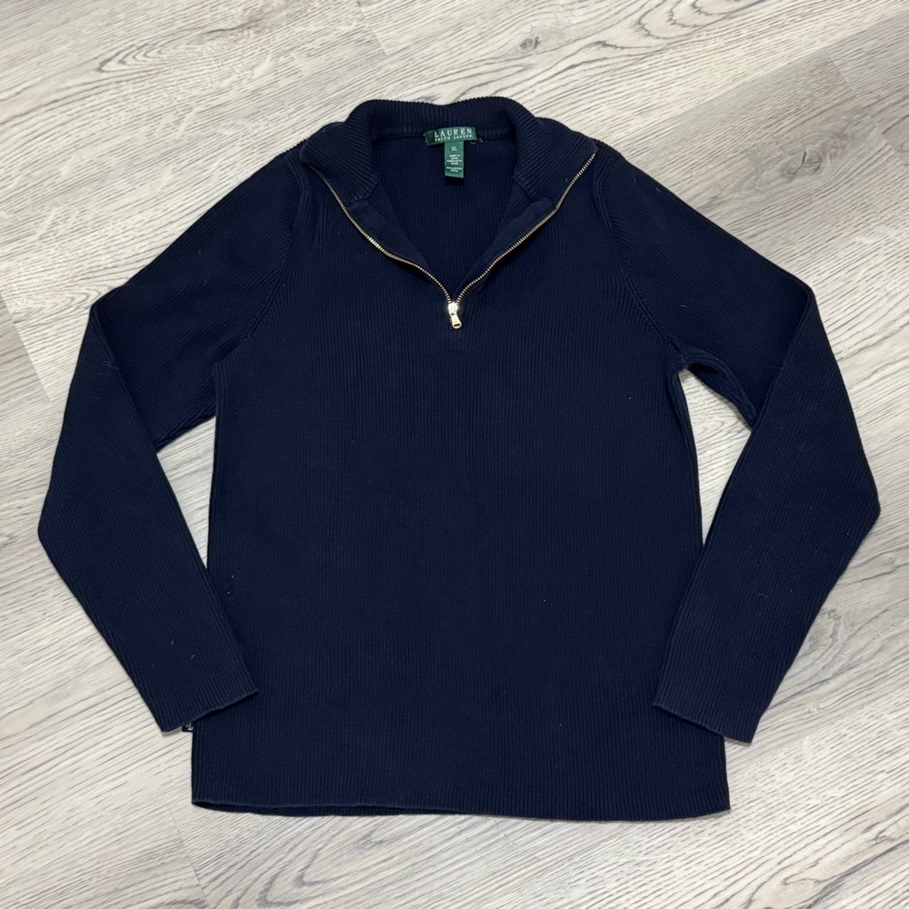 Vintage Lauren Ralph Lauren Quarter Zip Knit Sweater Navy Blue & Gold Women’s XL